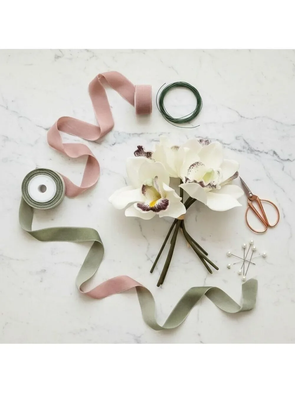 Ivory Cymbidium Orchid Artificial Flowers 7 Stem Bundle, Faux Orchid Wedding Flo